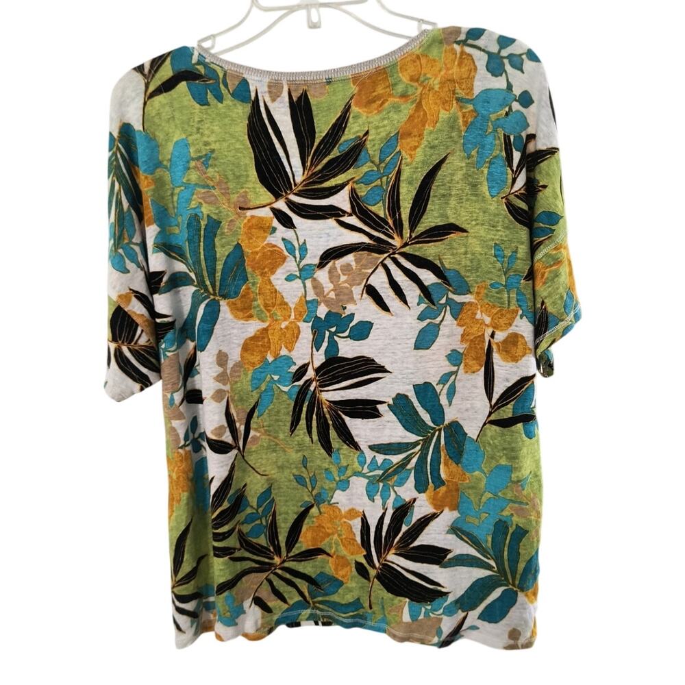 Chico's Linen Knit Tee XL Tropical Print Short Sleeve Metallic V-Neck Tropical - Picture 5 of 13